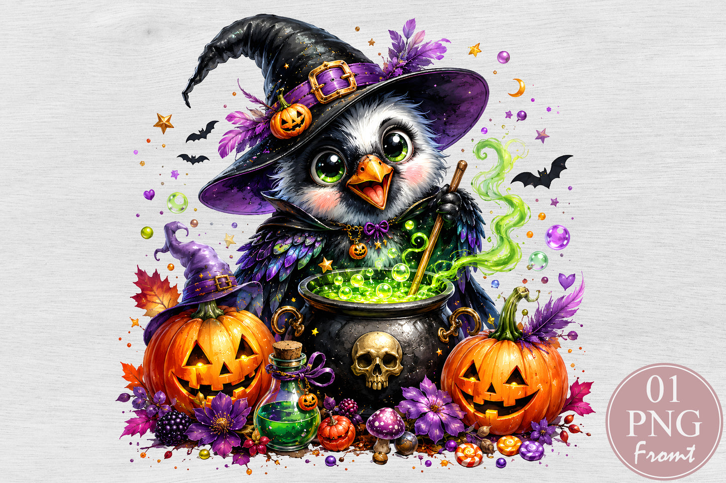 Cute Witch Owl Halloween Sublimation PNG Magic Cauldron Spooky Bird Design