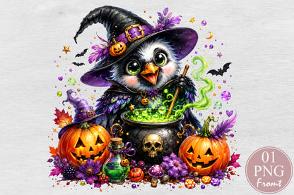 Cute Witch Owl Halloween Sublimation PNG Magic Cauldron Spooky Bird Design