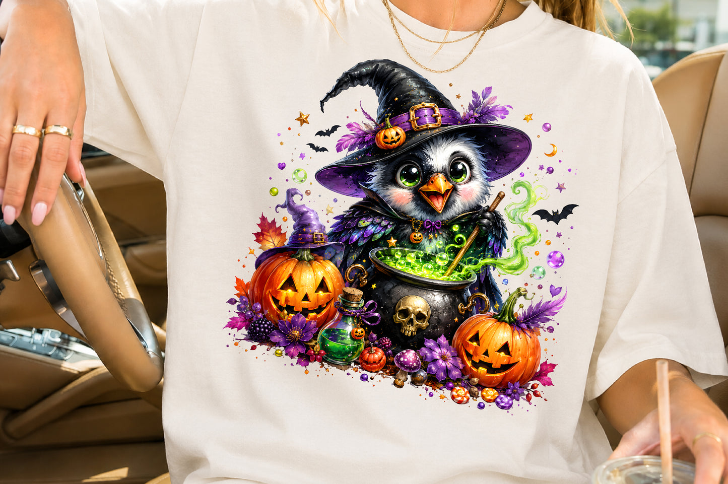 Cute Witch Owl Halloween Sublimation PNG Magic Cauldron Spooky Bird Design
