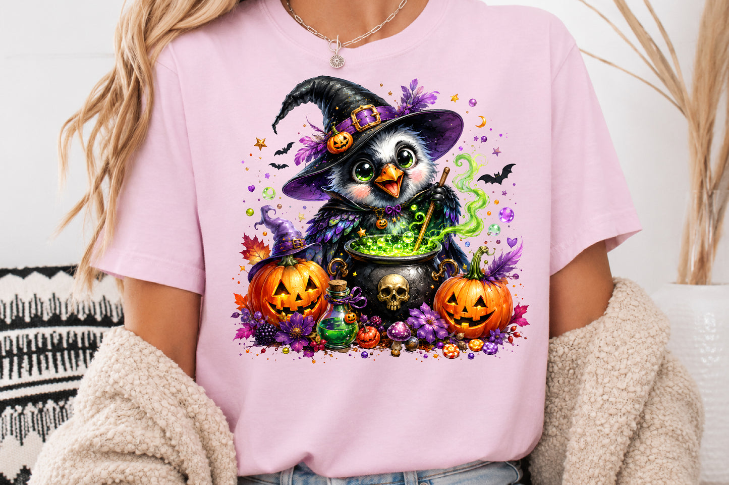 Cute Witch Owl Halloween Sublimation PNG Magic Cauldron Spooky Bird Design