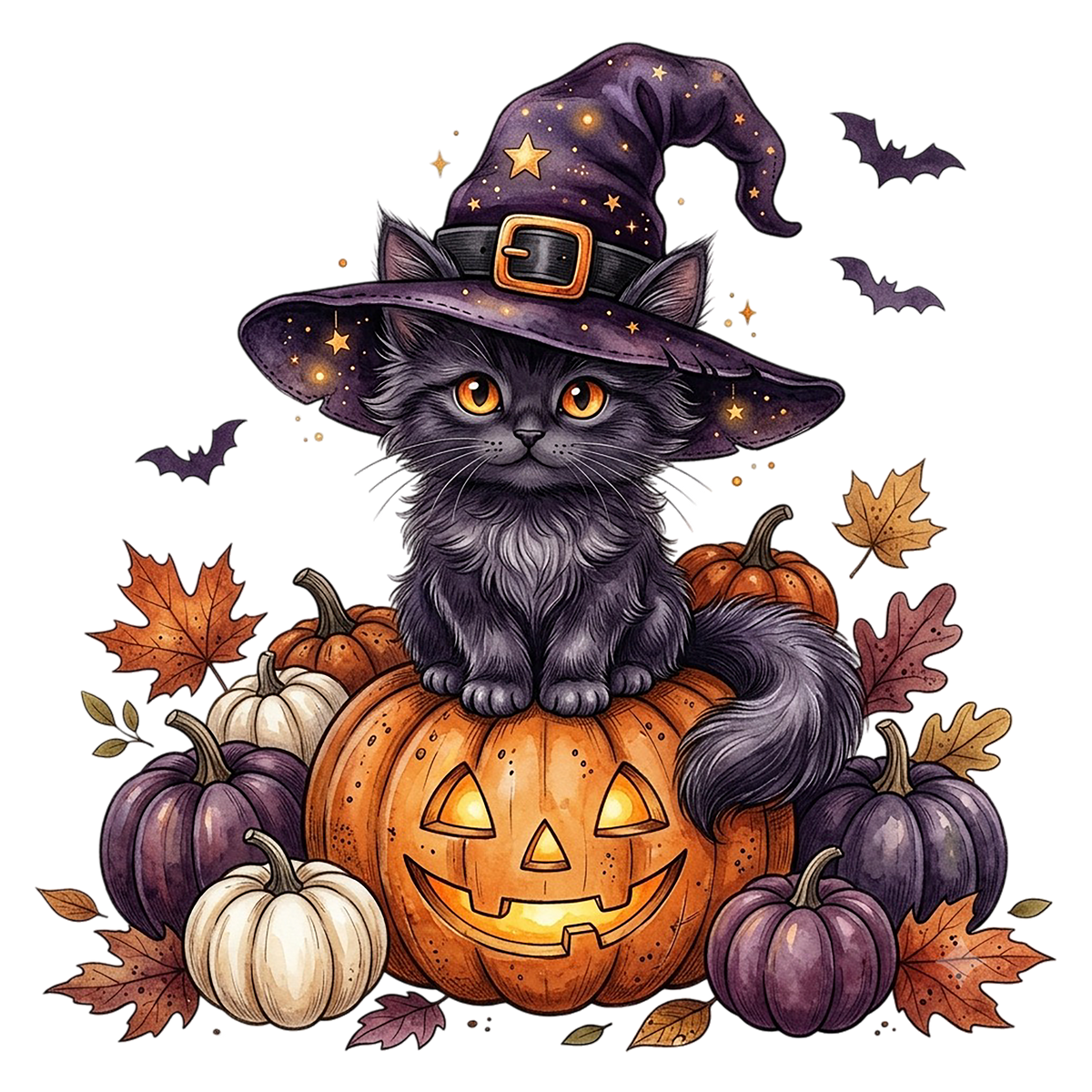 Witch Cat Halloween Pumpkin PNG