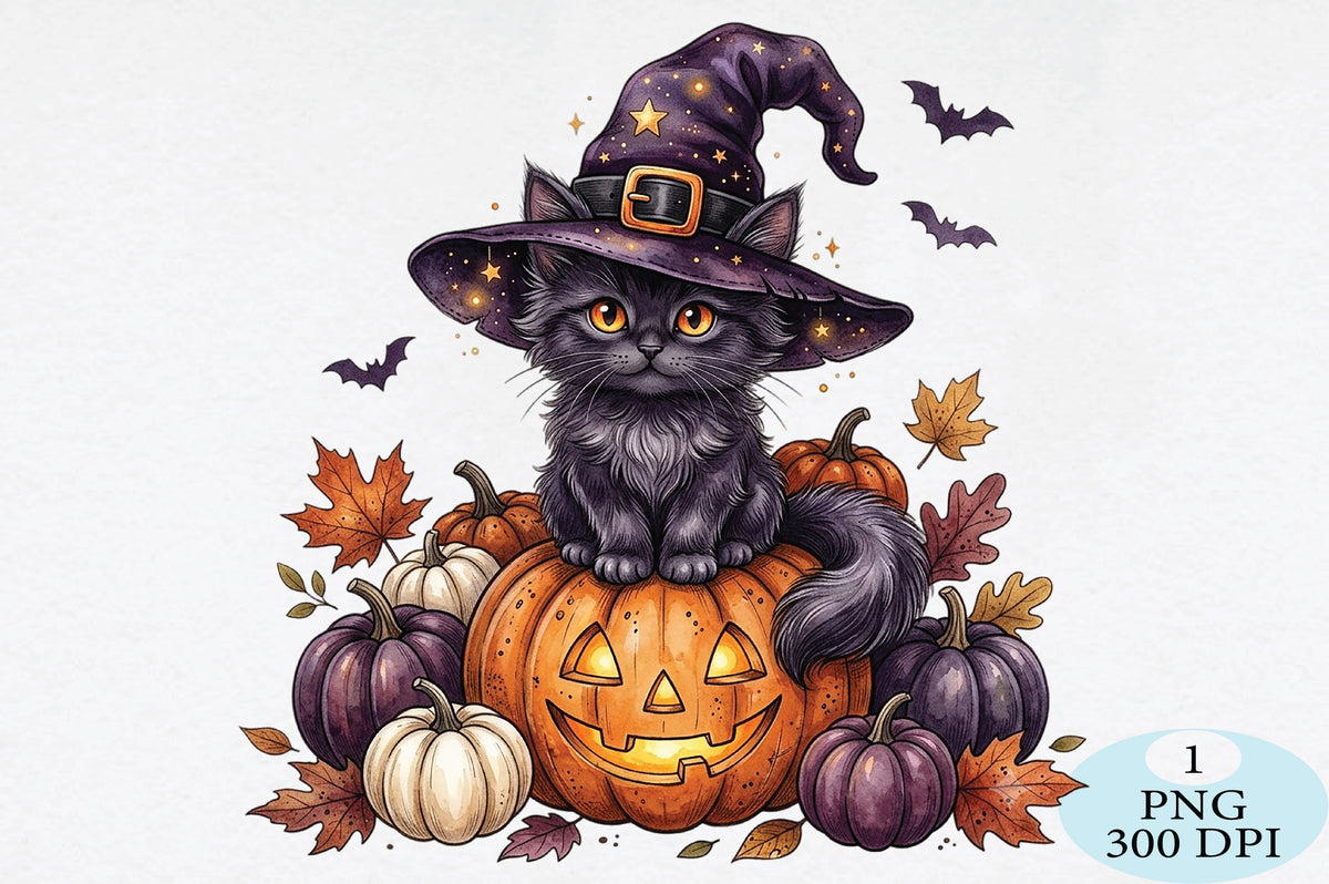 Witch Cat Halloween Pumpkin PNG