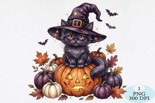 Witch Cat Halloween Pumpkin PNG