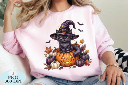 Witch Cat Halloween Pumpkin PNG
