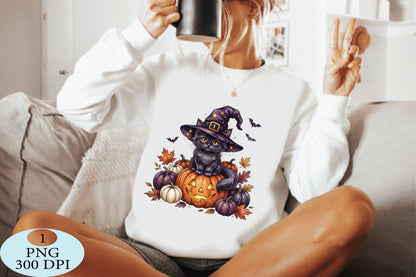 Witch Cat Halloween Pumpkin PNG