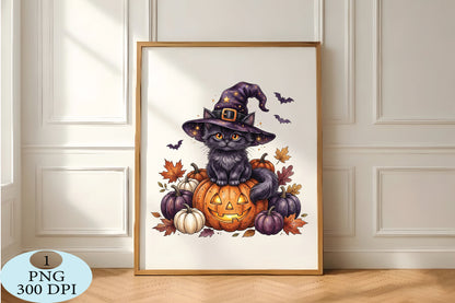 Witch Cat Halloween Pumpkin PNG
