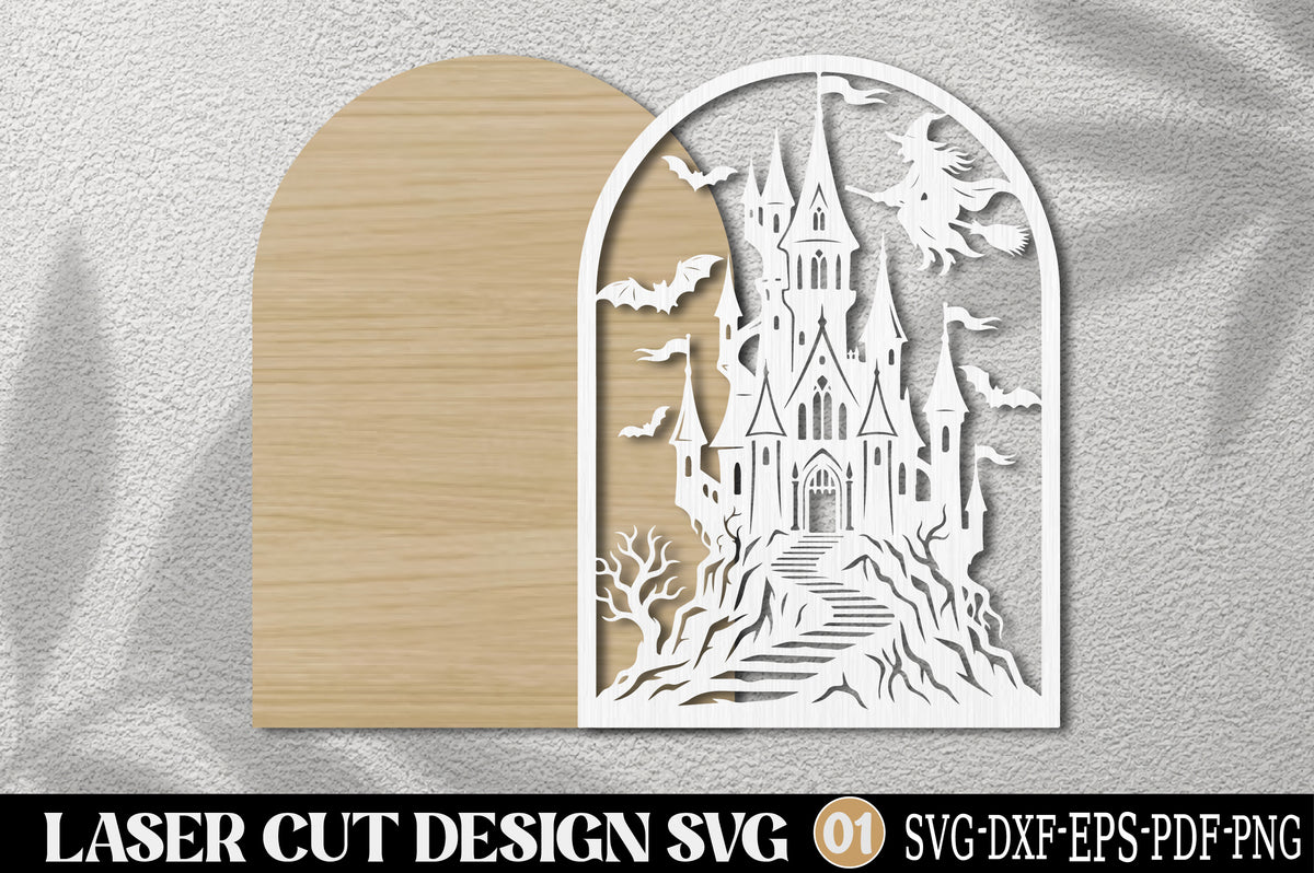 Witch Flying Over Castle Laser Cut SVG | Halloween Haunted Castle SVG