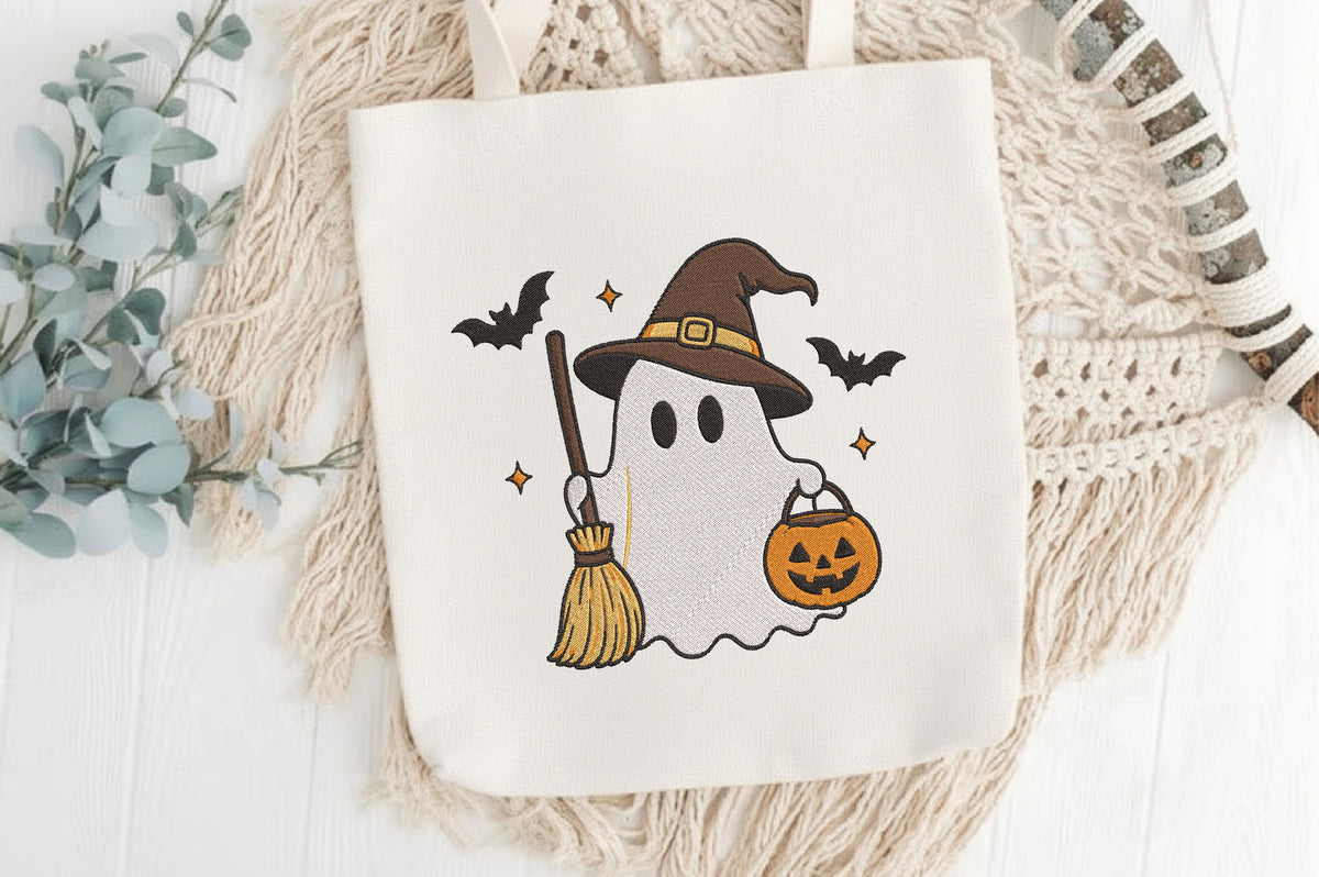 Witch Ghost Embroidery Design – Cute Spooky Witch & Ghost Machine Embroidery Pattern, Halloween Embroidery Design