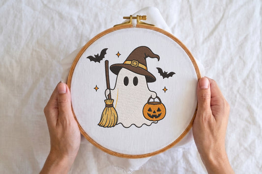 Witch Ghost Embroidery Design – Cute Spooky Witch & Ghost Machine Embroidery Pattern, Halloween Embroidery Design