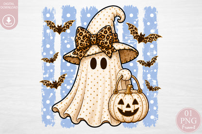 Witch Ghost Leopard Bow PNG Chic Halloween Sublimation Design