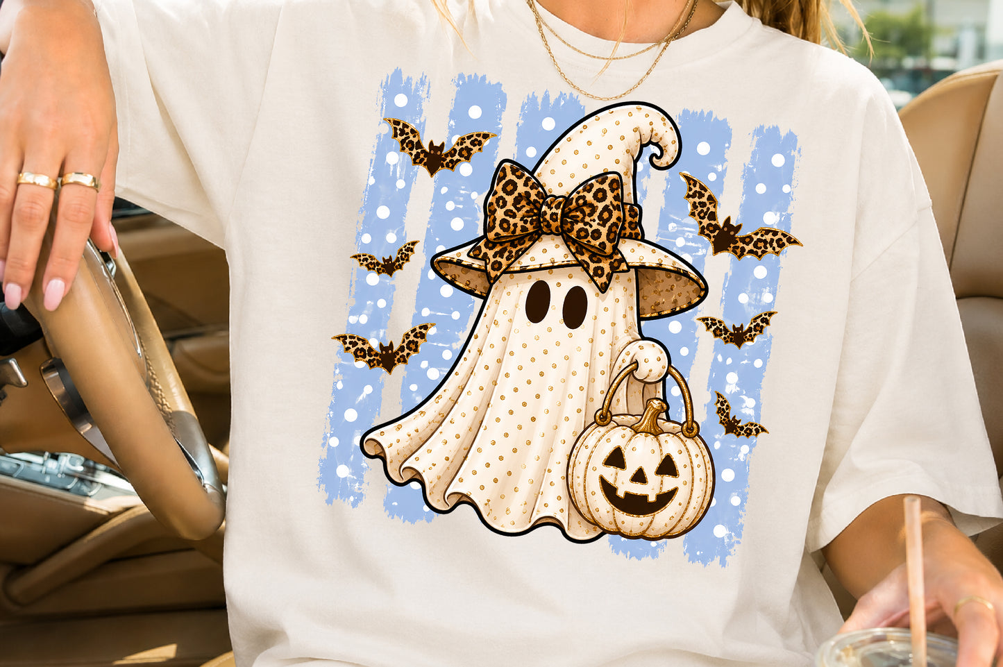 Witch Ghost Leopard Bow PNG Chic Halloween Sublimation Design