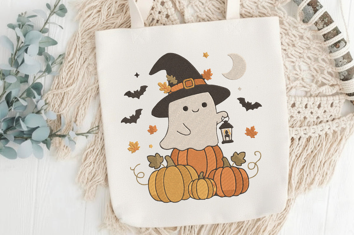 Witch Ghost Pumpkin Stack Halloween Embroidery Design – Cute Spooky Halloween Machine Embroidery