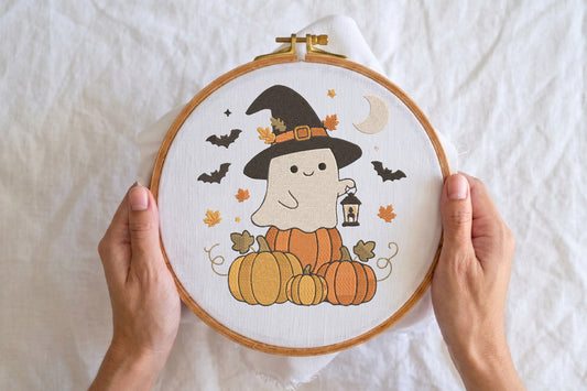 Witch Ghost Pumpkin Stack Halloween Embroidery Design – Cute Spooky Halloween Machine Embroidery
