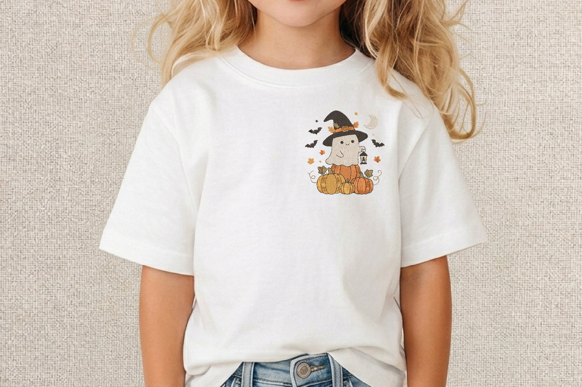 Witch Ghost Pumpkin Stack Halloween Embroidery Design – Cute Spooky Halloween Machine Embroidery