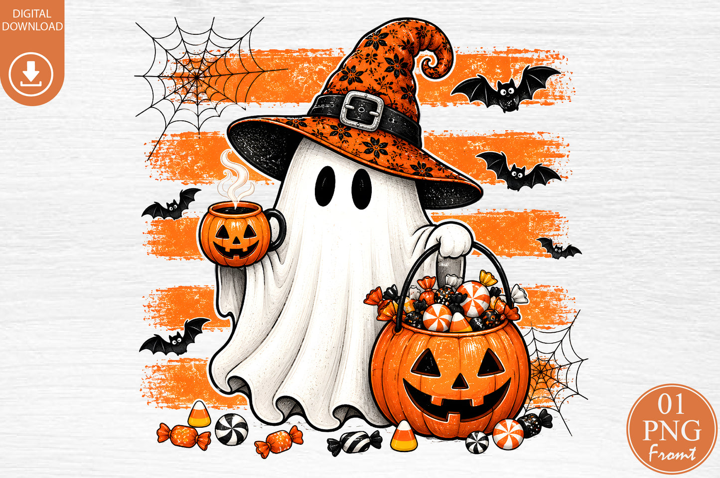 Witch Ghost PNG Halloween Pumpkin Candy Spooky Sublimation Design