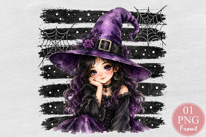 Witch Girl Halloween PNG Cute Purple Witch Spooky Sublimation Design