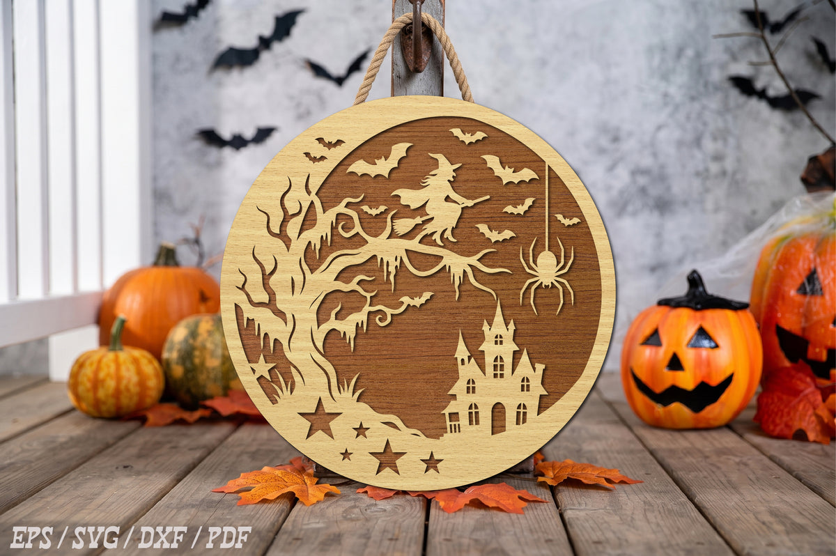 Witch Haunted House Round Door Hanger SVG