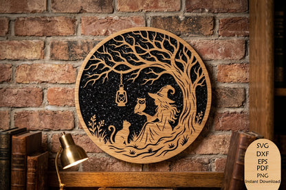Witch Under Tree Laser Cut SVG, Halloween Witch Cat Moonlight Woodland Cut File