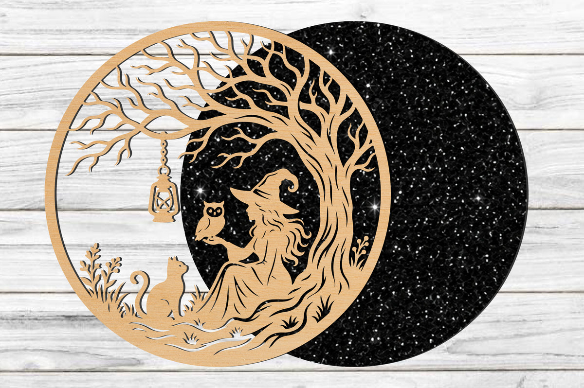 Witch Under Tree Laser Cut SVG, Halloween Witch Cat Moonlight Woodland Cut File