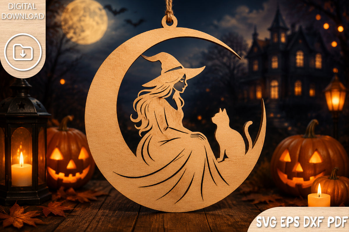 Witch on Moon Laser Cut SVG