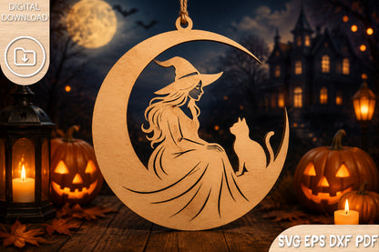 Witch on Moon Laser Cut SVG
