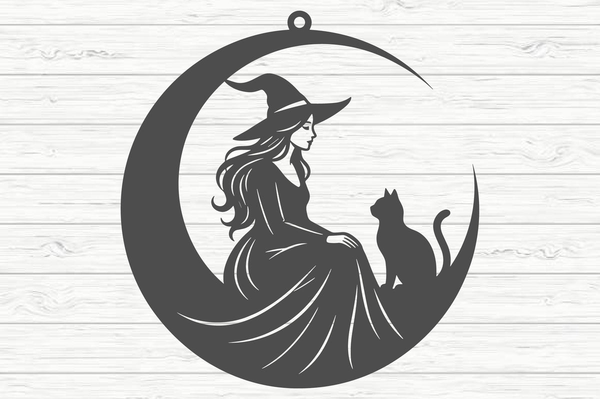 Witch on Moon Laser Cut SVG