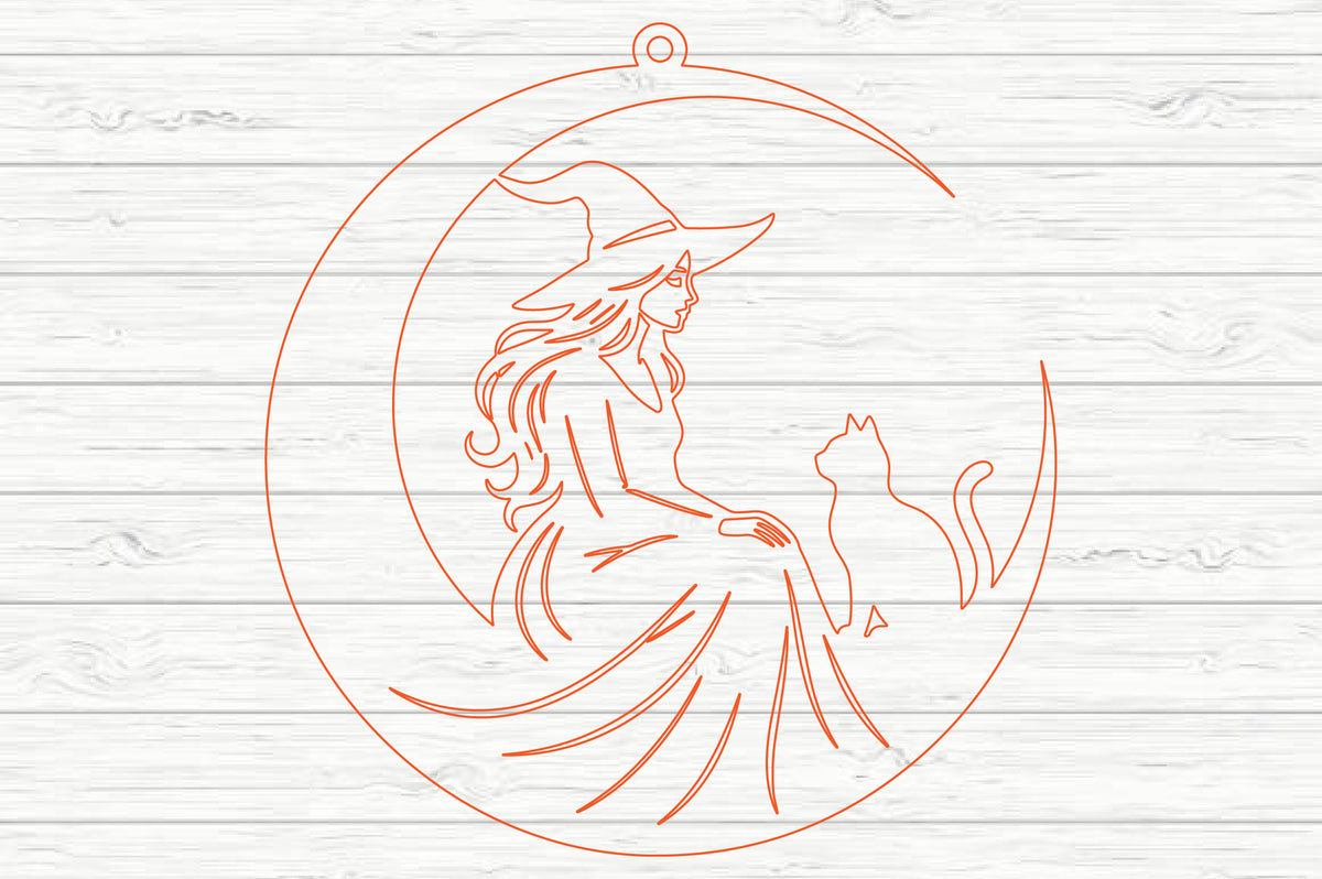 Witch on Moon Laser Cut SVG