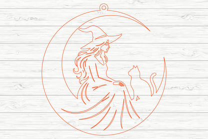 Witch on Moon Laser Cut SVG