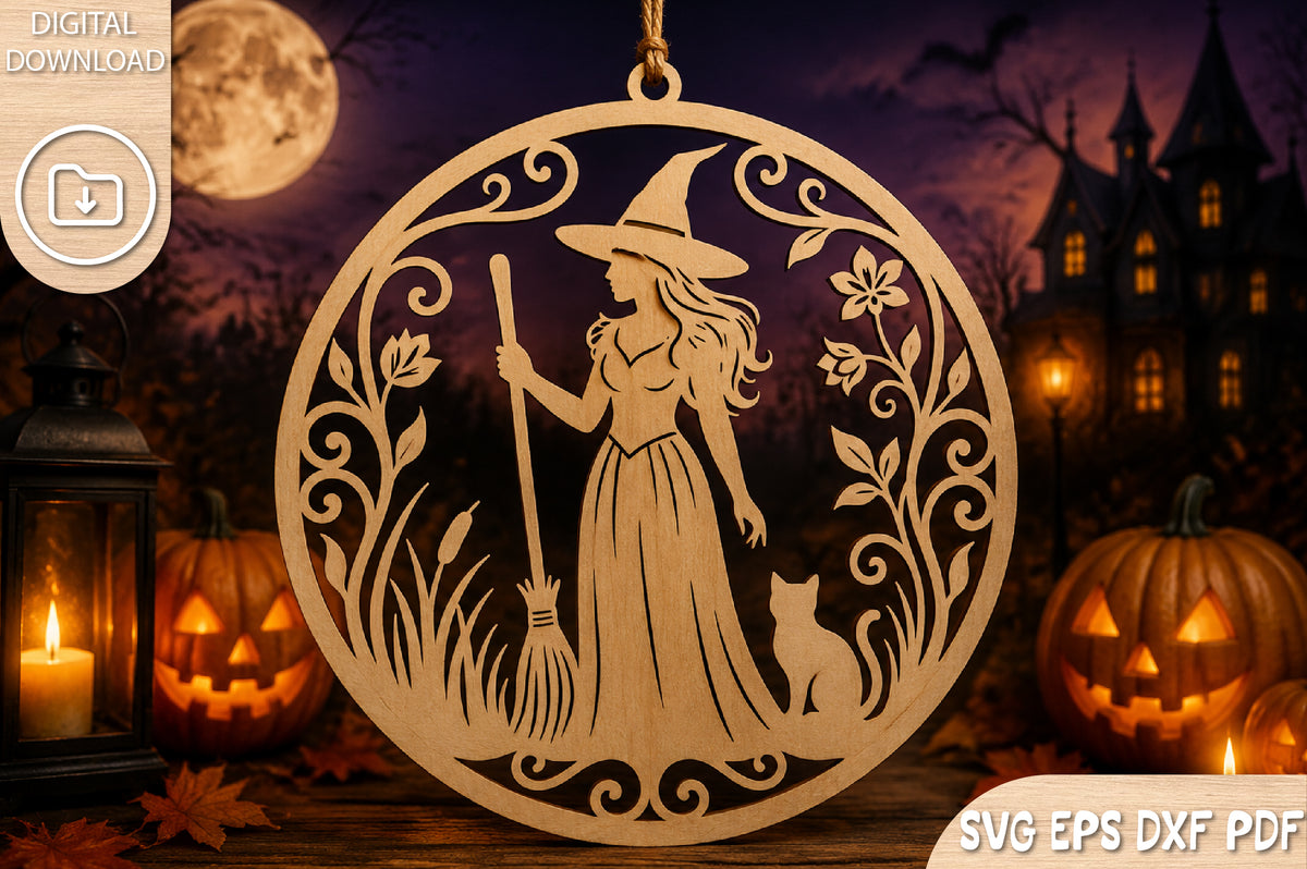 Witch with Broom Halloween SVG Laser Cut Design