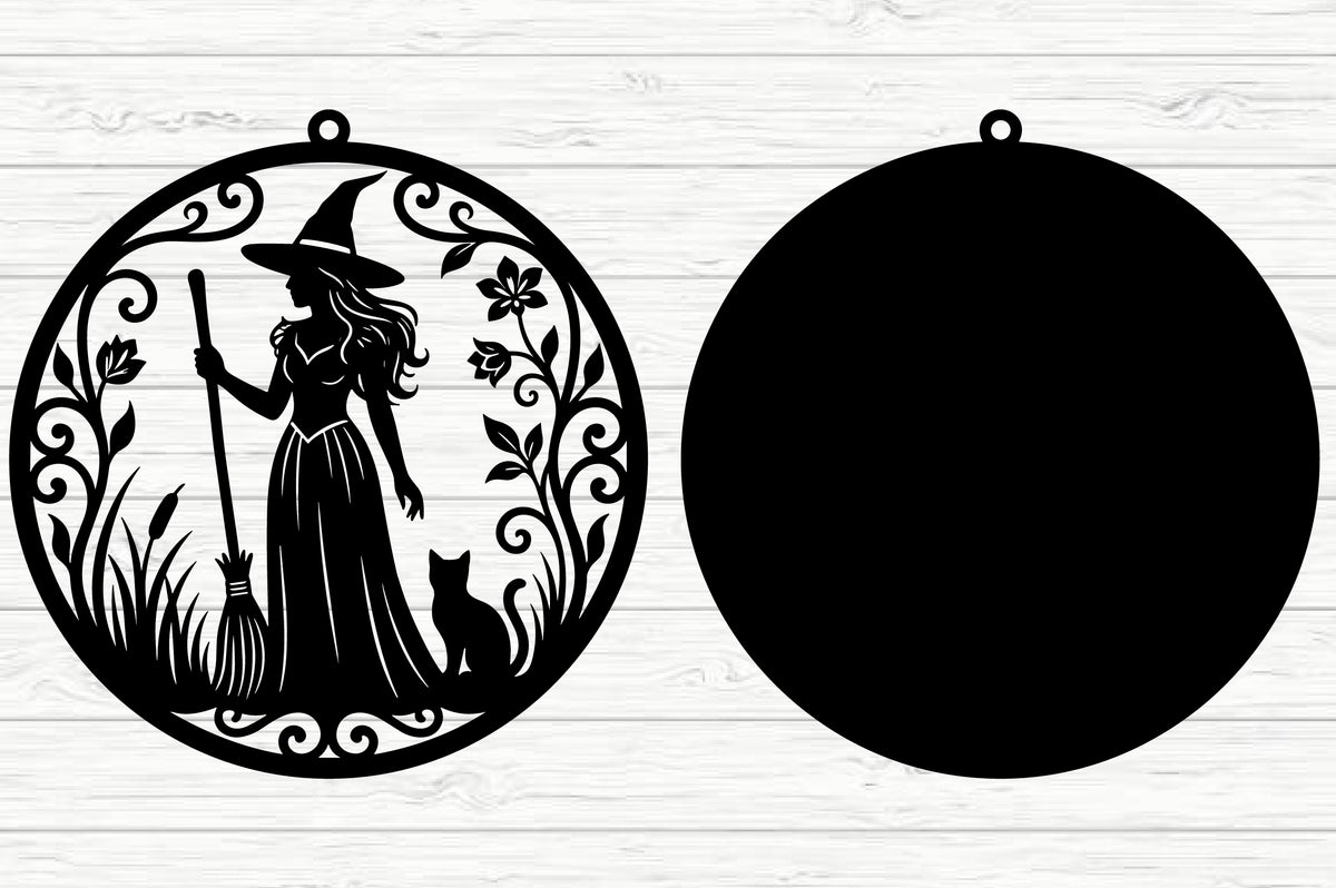 Witch with Broom Halloween SVG Laser Cut Design