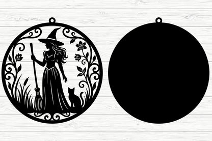 Witch with Broom Halloween SVG Laser Cut Design