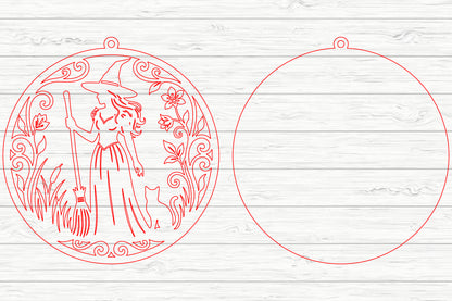 Witch with Broom Halloween SVG Laser Cut Design