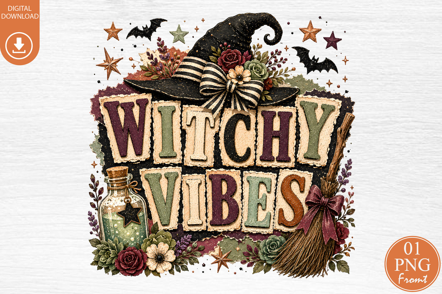 Witchy Vibes Halloween PNG Witch Hat Broom Sublimation Design