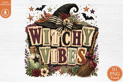 Witchy Vibes Halloween PNG Witch Hat Broom Sublimation Design