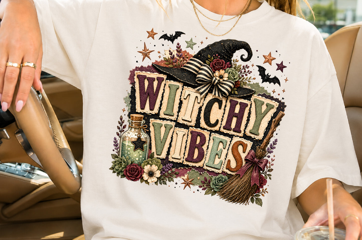 Witchy Vibes Halloween PNG Witch Hat Broom Sublimation Design