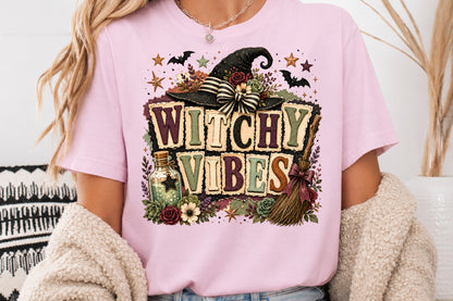 Witchy Vibes Halloween PNG Witch Hat Broom Sublimation Design