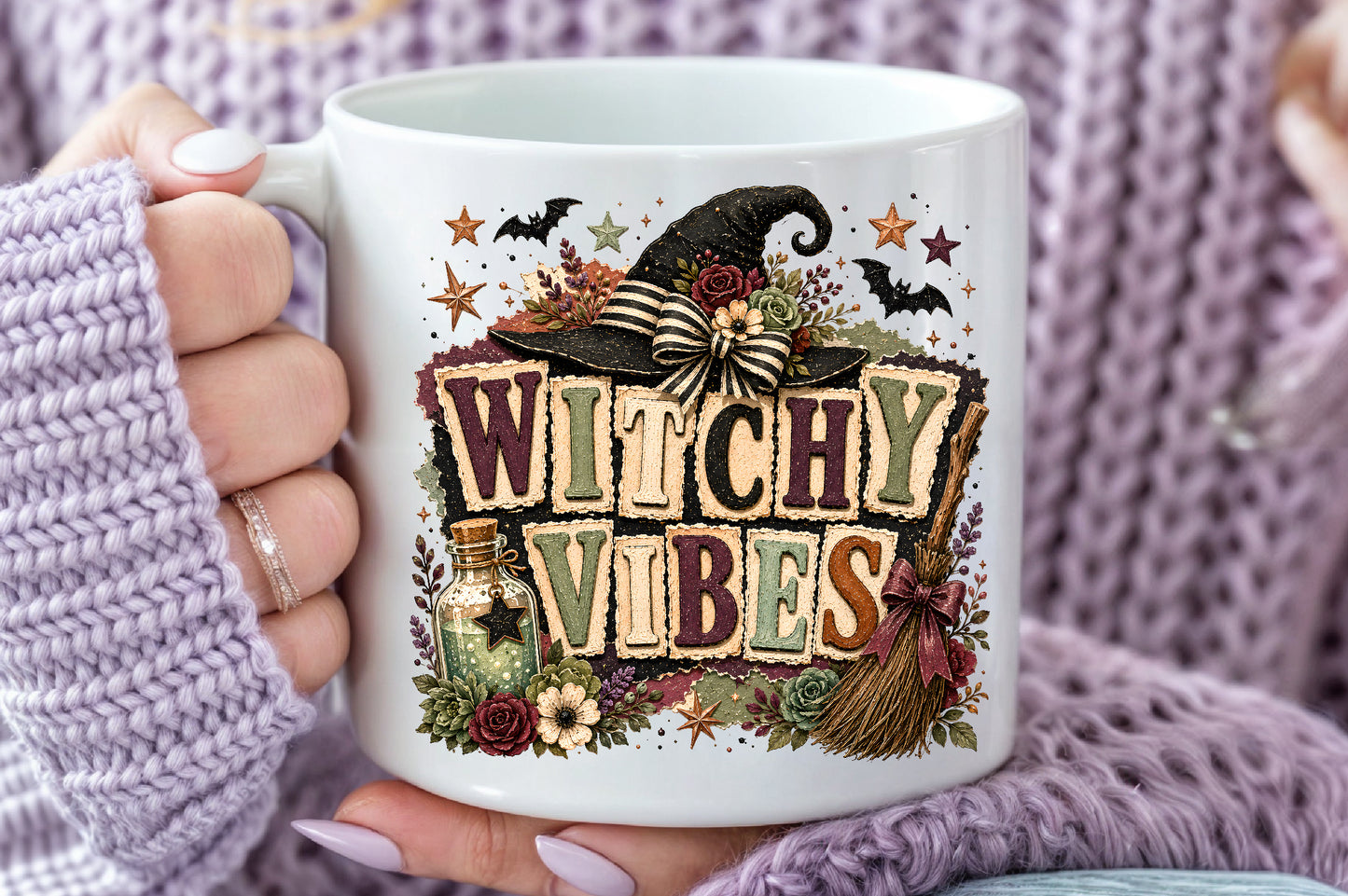 Witchy Vibes Halloween PNG Witch Hat Broom Sublimation Design