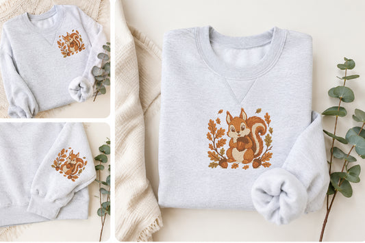 Woodland Squirrel Embroidery Design – Cute Squirrel Machine Embroidery Pattern, Woodland Nature & Forest Animal Embroidery Design