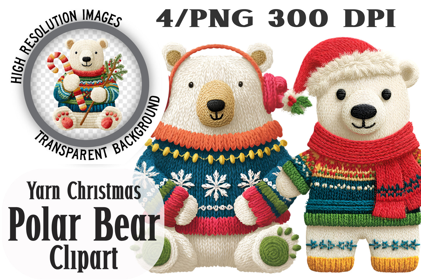 Yarn Christmas Polar Bear Clipart PNG Bundle | Cute Watercolor Knitting Polar Bear Clipart