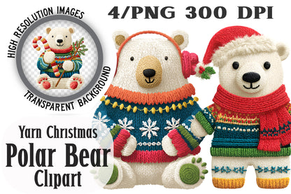 Yarn Christmas Polar Bear Clipart PNG Bundle | Cute Watercolor Knitting Polar Bear Clipart