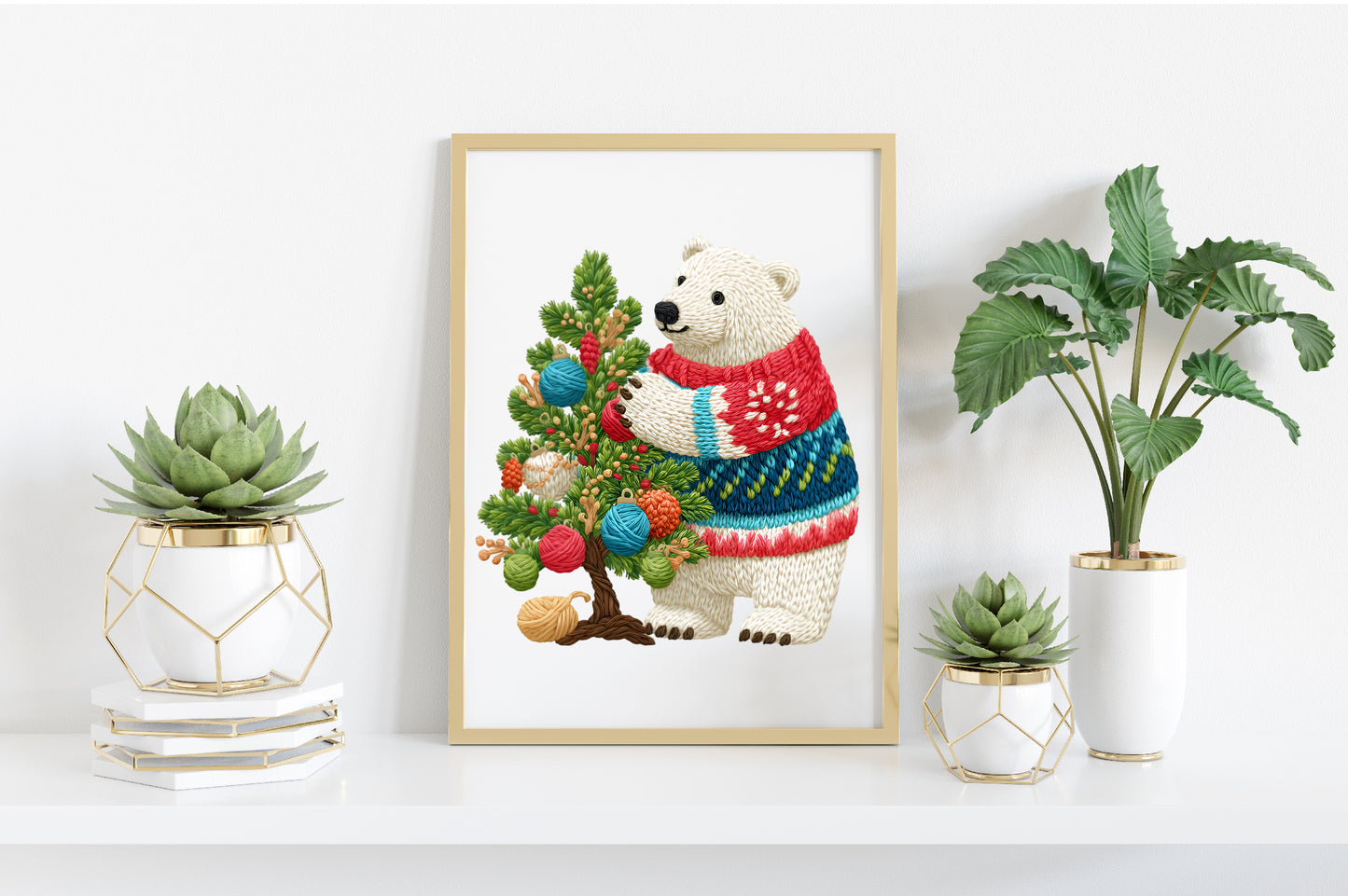 Yarn Christmas Polar Bear Clipart PNG Bundle | Cute Watercolor Knitting Polar Bear Clipart