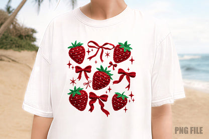 Strawberry Coquette PNG, Crochet Yarn Bow Strawberry Sublimation Design