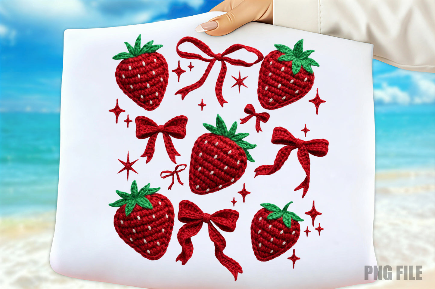 Strawberry Coquette PNG, Crochet Yarn Bow Strawberry Sublimation Design