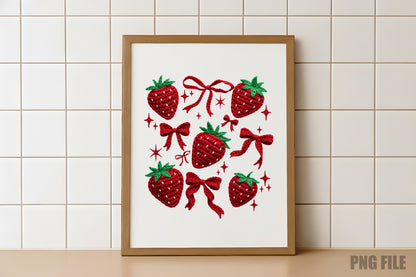 Strawberry Coquette PNG, Crochet Yarn Bow Strawberry Sublimation Design