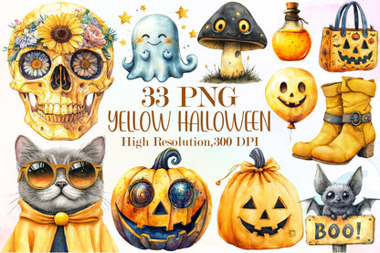 Yellow Retro Halloween Clipart PNG Bundle