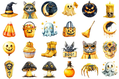 Yellow Retro Halloween Clipart PNG Bundle