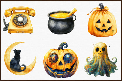 Yellow Retro Halloween Clipart PNG Bundle