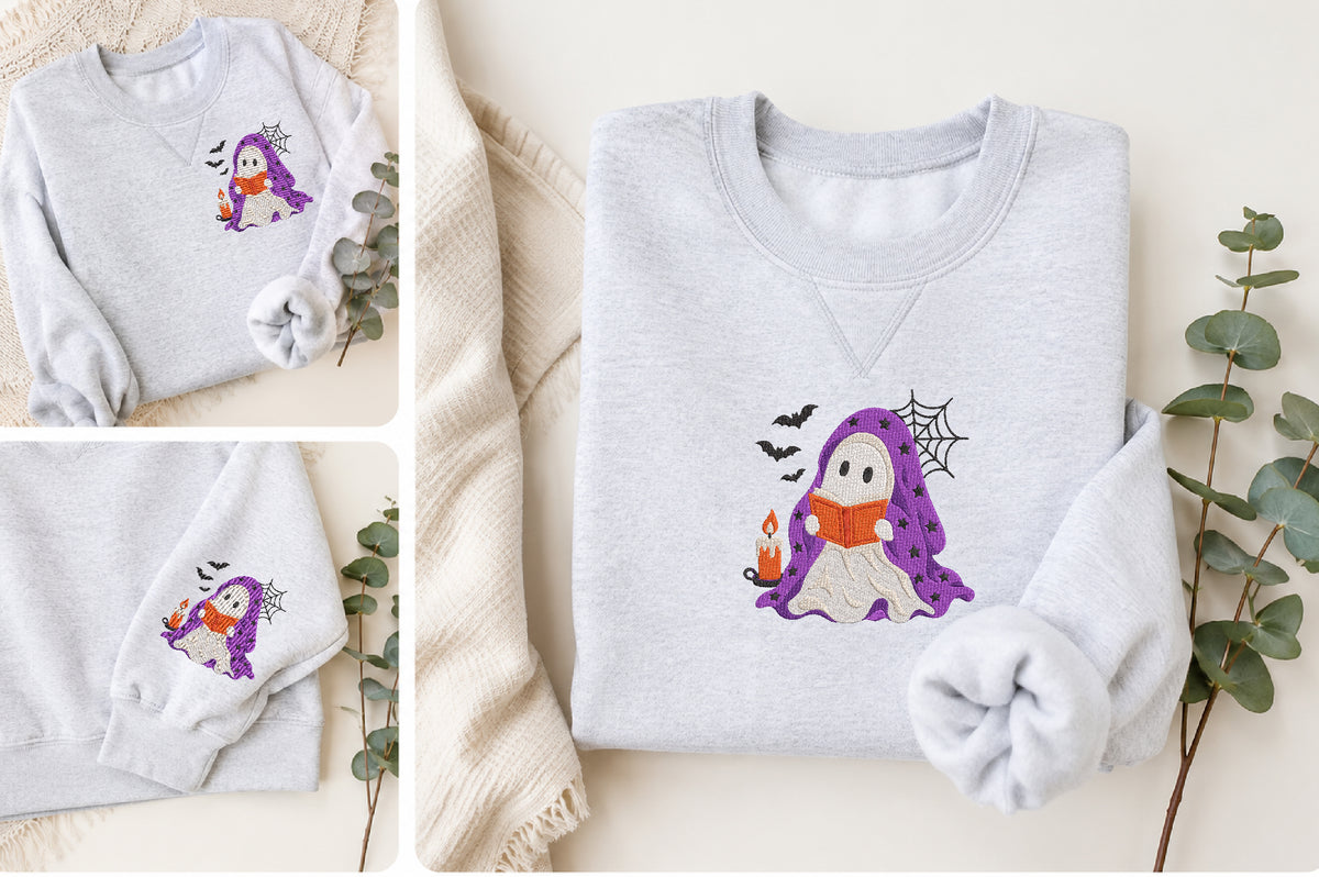 Cute Ghost Reading Embroidery Design