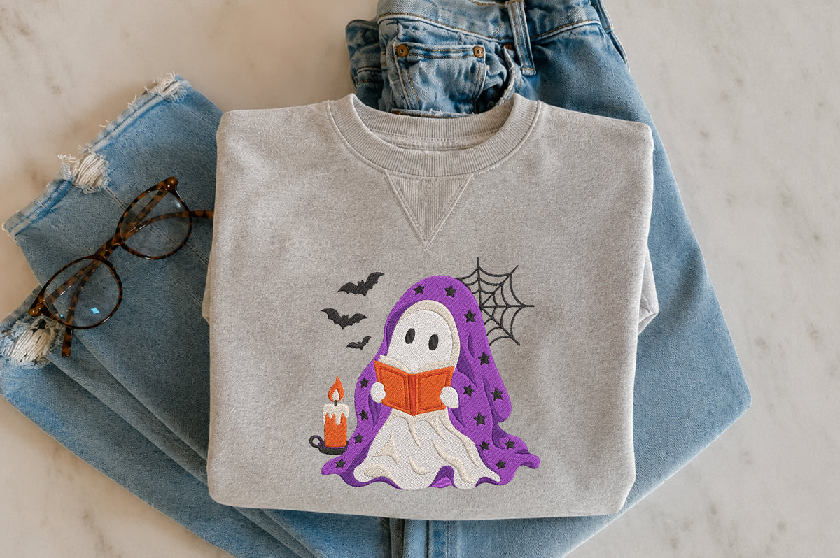 Cute Ghost Reading Embroidery Design
