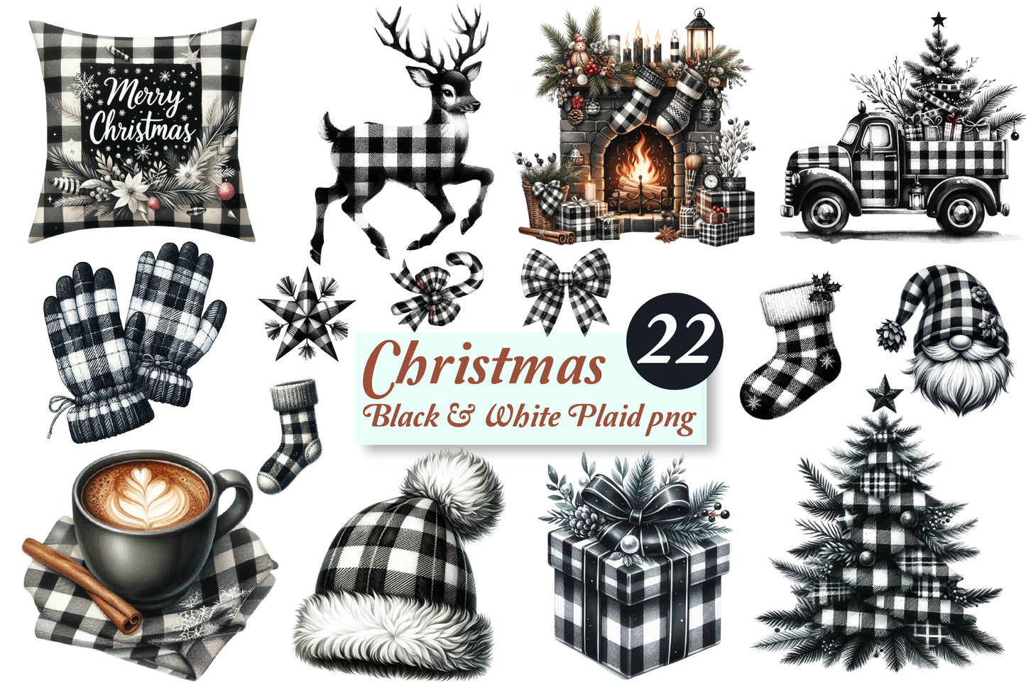 Christmas Black & White Plaid PNG Bundle | Watercolor Buffalo Check Christmas Clipart, Rustic Holiday Decor & Farmhouse Christmas PNG